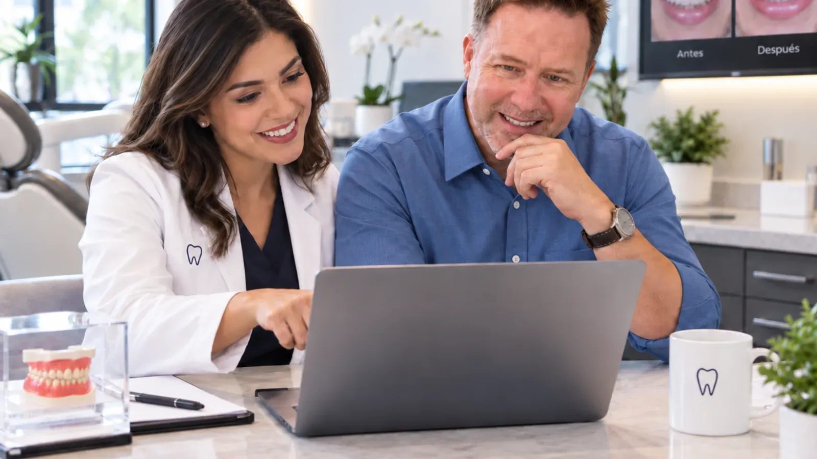 A dentist and a patient look at a laptop together at a dental practice's front desk, with a before-and-after screen in the background.