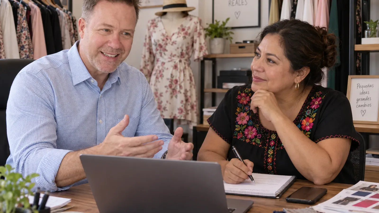 The owner of a Guadalajara boutique takes notes in a notebook while reviewing her business with a consultant at a laptop, surrounded by clothing racks and a mannequin.