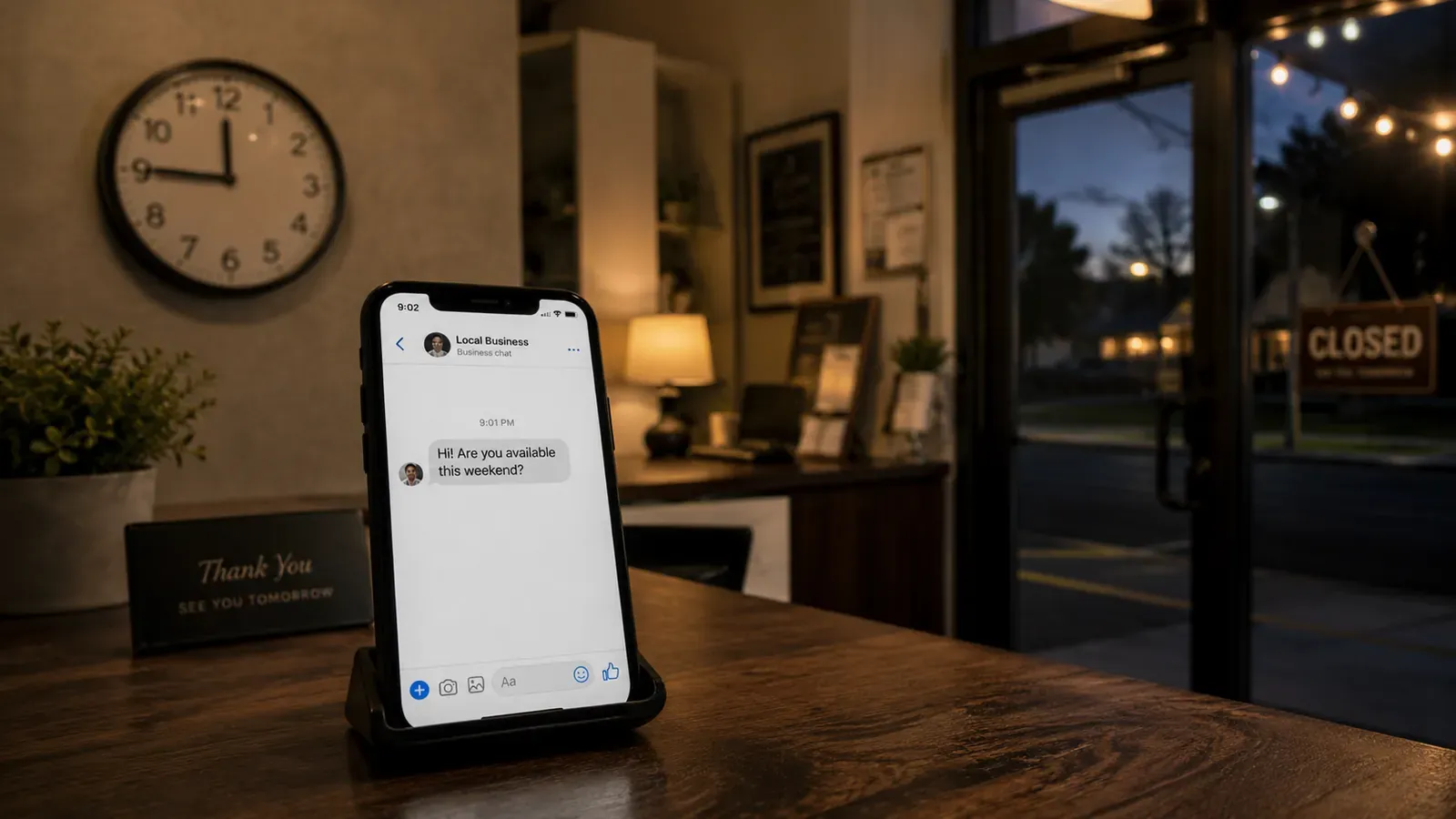 A phone propped on the front desk of a closed local business at night shows a Facebook Messenger message — 'Hi! Are you available this weekend?' — arriving at 9:01 PM.
