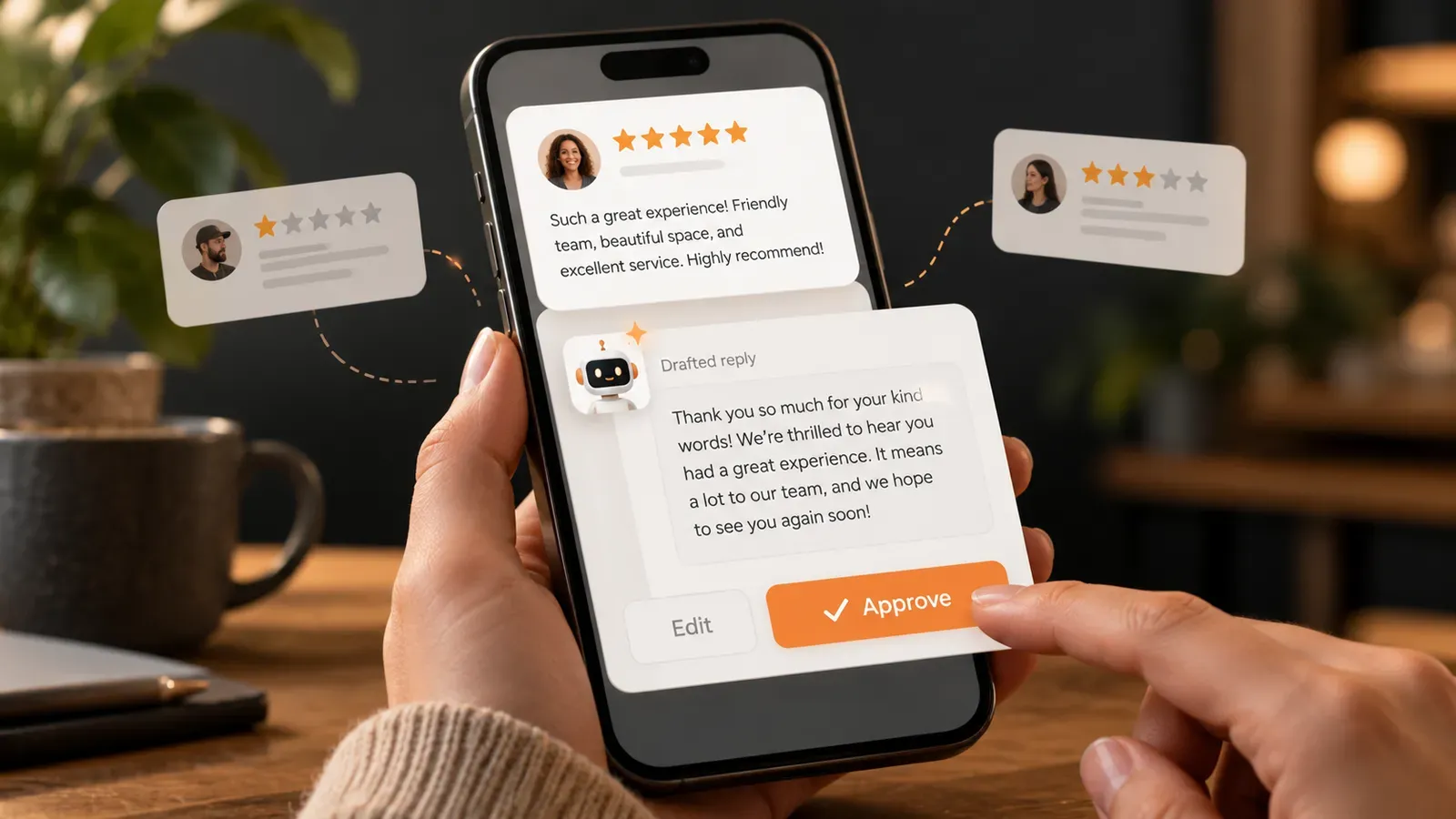 A hand holding a phone showing a five-star Google review, a drafted reply underneath, and a thumb about to tap Approve.