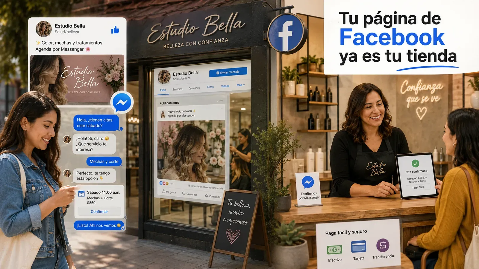 Un salón local, Estudio Bella, atiende a una clienta que agendó por Facebook Messenger —mechas y corte, sábado 11:00, $850— y en el mostrador recibe su cita confirmada, con pago en efectivo, tarjeta o transferencia.