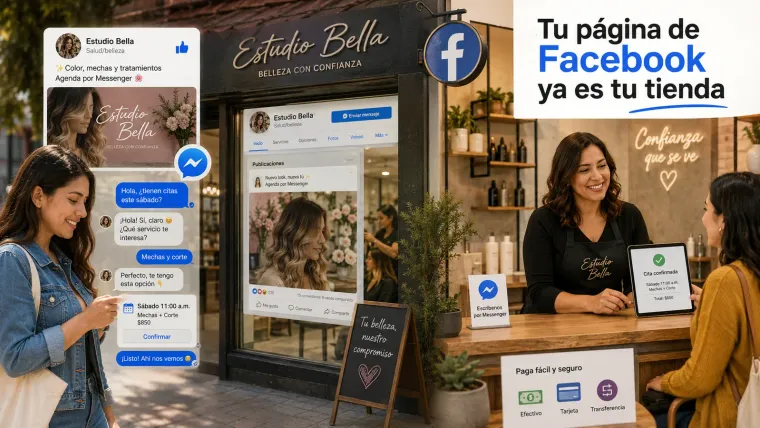 Un salón local, Estudio Bella, atiende a una clienta que agendó por Facebook Messenger —mechas y corte, sábado 11:00, $850— y en el mostrador recibe su cita confirmada, con pago en efectivo, tarjeta o transferencia.