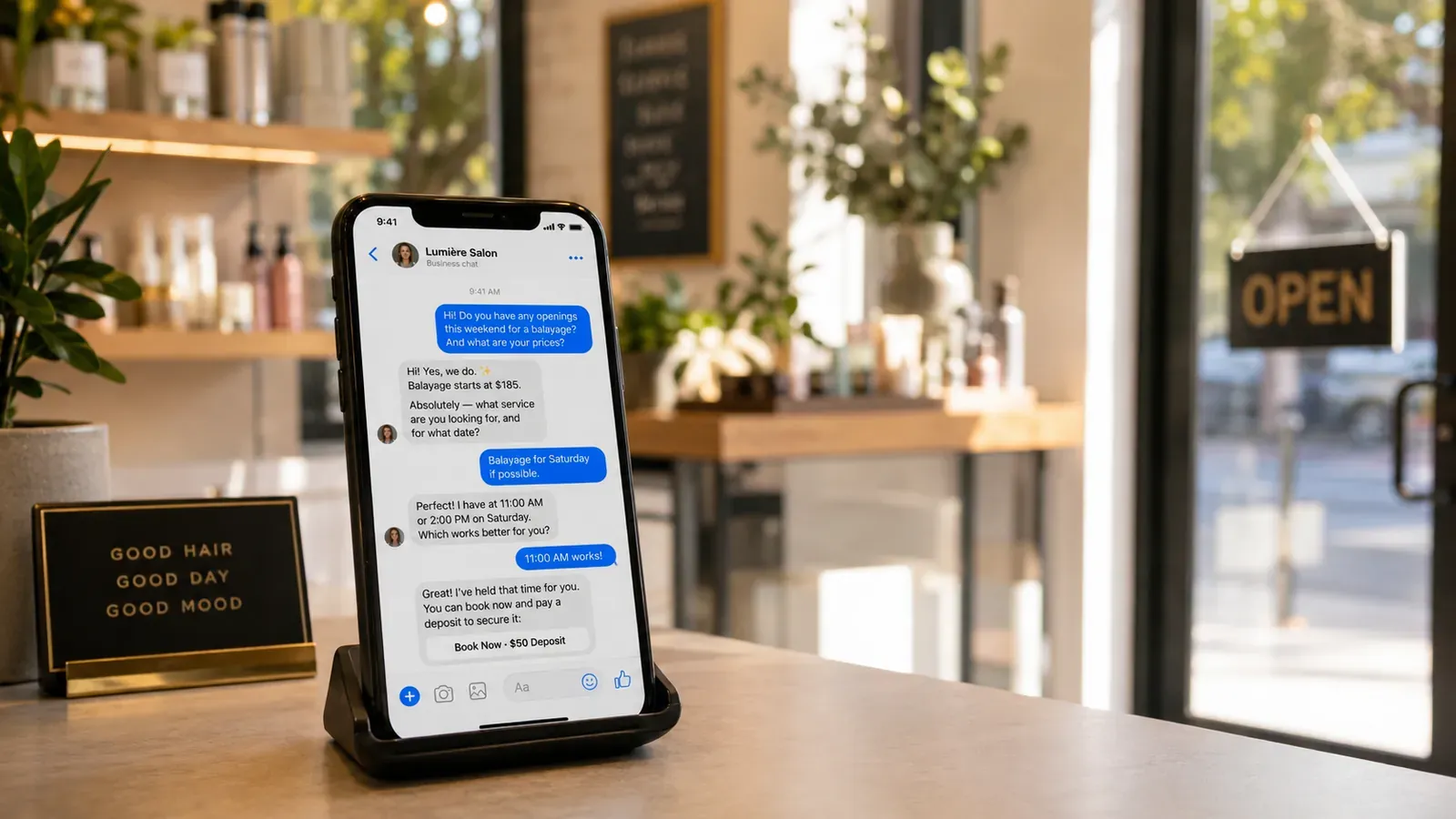 A phone on the front desk of a bright, open salon shows a Facebook Messenger chat: a customer asks about balayage pricing and weekend availability, and the salon replies with a price, two time slots, and a 'Book Now · $50 Deposit' button.