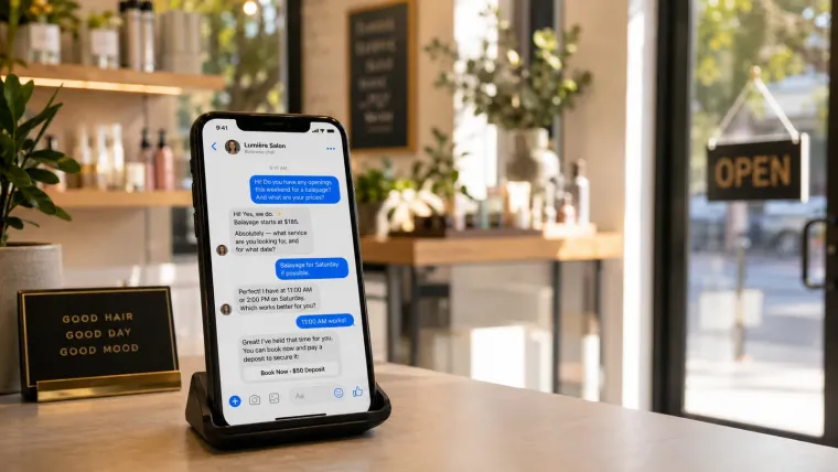 A phone on the front desk of a bright, open salon shows a Facebook Messenger chat: a customer asks about balayage pricing and weekend availability, and the salon replies with a price, two time slots, and a 'Book Now · $50 Deposit' button.