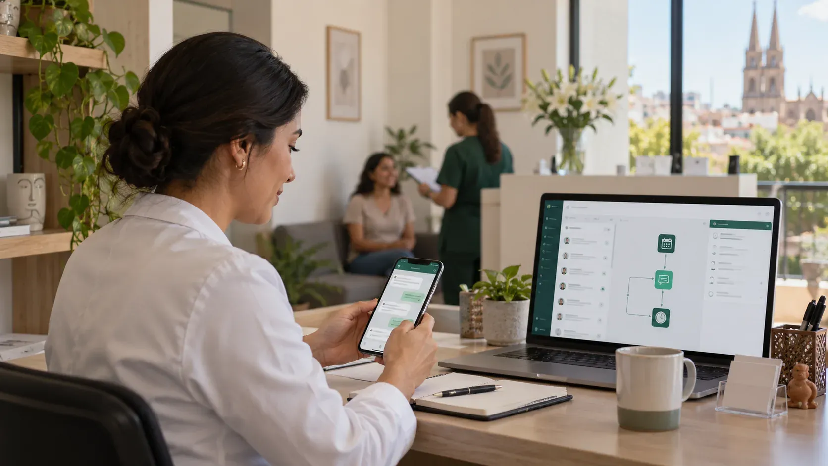 A doctor at a clinic desk reading a short message on her phone while a patient waits at reception behind her. One message, sent once — the shape of WhatsApp that a business can actually afford.