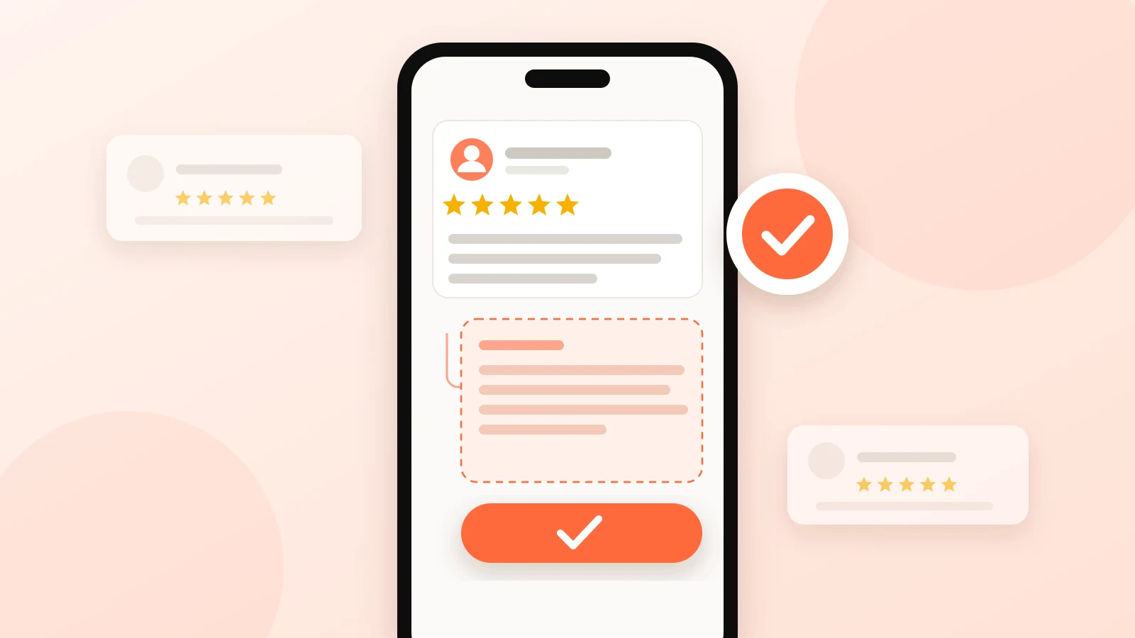 Illustration: a five-star review on a phone, a drafted reply underneath, and an approve button with a check mark — the owner decides what gets posted.